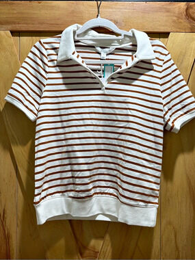 Market & Spruce Striped Polo White & Brown Medium NWT